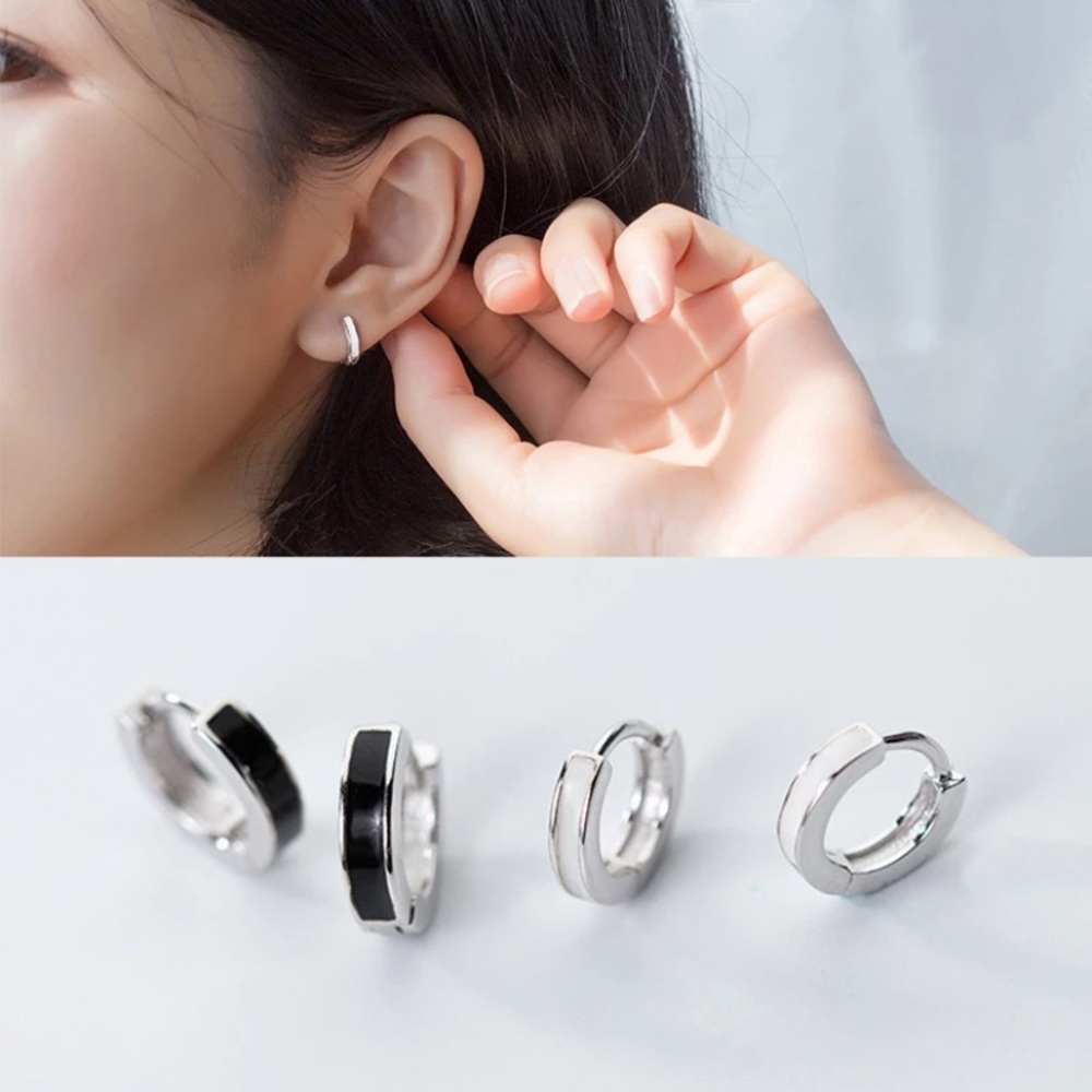 Silver hoops with black or white enamel